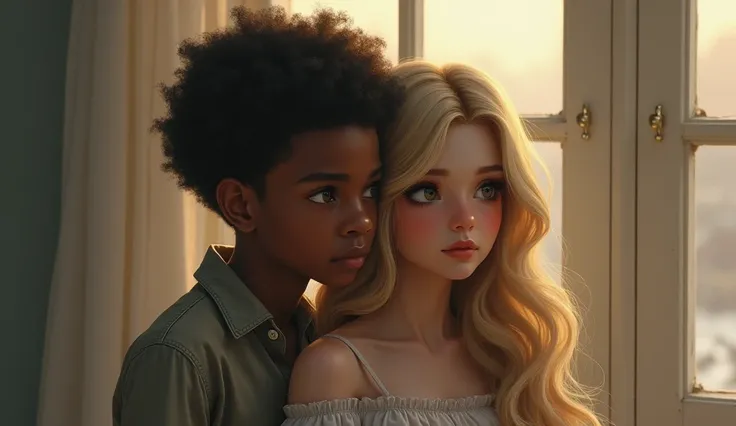 A couple black young boy and her mom lies together, the girl is blonde and beauty, the girl white skin big breast, watching the world fall apart, in a touching way.