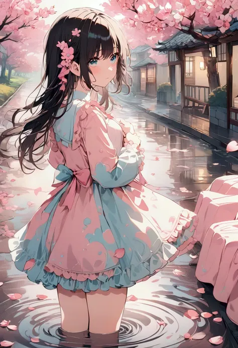 ( anime style:1.4), Soft Pictorial Touch、超 high definition ,  attention to detail ,  High Quality ,  high definition , 最 High Quality , 4K, 8k, Very Detailed Depiction of a Girl,  black hair,  semi-long, Road after the rain, Puddle and girl、 Pastel Effects...