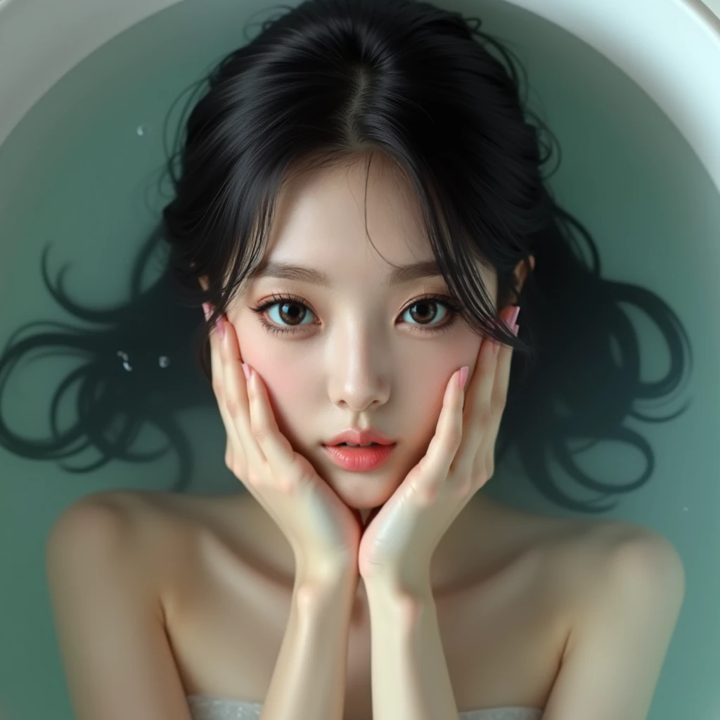 4k hd images nude . The face should be similar to the picture. Korean woman, petite body. beautiful girl, very white skin, thin face. loose black hair. beautiful Korean girl is sleeping in the bathtub. full body, chest up. clear water color. hands holding ...