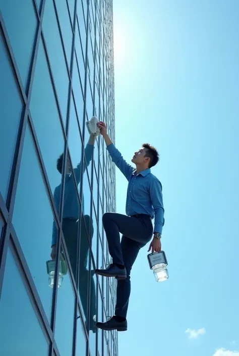 A handsome Korean man wearing a blue office uniform In the process of cleaning the glass of a tall building using sophisticated tools such as using a cloth and glass cleaner, seen from a clear sky. 