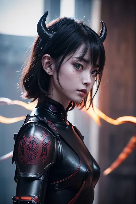 best quality,  highres, 8k, RAW, masterpiece, ((super-real photography: 1.5)), whole body, ((demon girl: 1.5)),  beautiful face, Super cute、well-balanced face,  tatoo face, (black japanese samurai armor: 1.3), classic armor,  slender body, mysterious, cine...