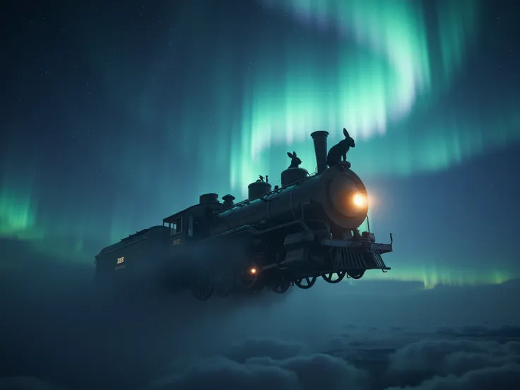 generate images of epic galaxy scene, (wide angle:1.5),Time-Traveling steam locomotive Train flying in the galaxy ,rabbit riding on the train , Rainbow aurora background, light penetrating through the aurora, ray tracing, Images must be of the highest qual...