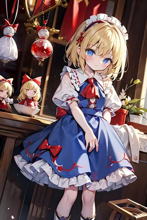 1girl, alice margatroid (touhou), blue eyes, medium hair, blonde hair, white capelet, blue dress, frilled dress, frilled ascot, red ascot, puffy short sleeves, red hairband, lolita hairband, frilled hairband, grimoire of alice, doll, shanghai_doll_(touhou)...