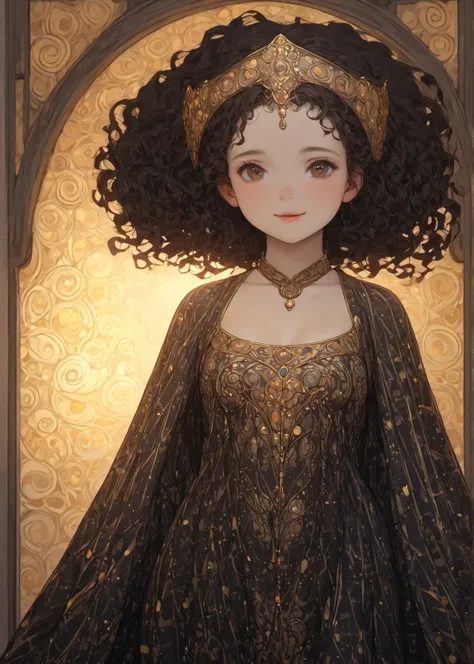 1 girl tiny body, large head, little fat, smile, half open mouth, brown eyes, forehead, black curly hair, low twintails hair, dot pattern medieval aristocratic luxury robe, Decolletage, medium tits, open clothes, naked, sunset, cute action, shy, looking aw...