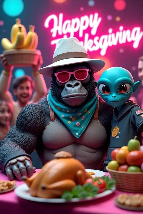 Highly detailed and colorful 3D illustration of a gorilla sitting at a Thanksgiving table. The gorilla is muscular, wearing pink sunglasses, a space suit (with FEG written on it), a Bitcoin bandana, a turquoise scarf, and a beautiful white hat. The table i...