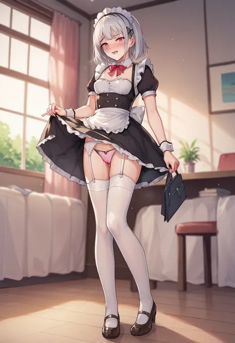 score_9, score_8_up, score_7_up, score_6_up, score_5_up, score_4_up,evaluation_explicit,source_anime, 
BREAK 
Full body image 
BREAK 
Only girls
BREAK 
Small breasts、Height:120cm 
BREAK
Long skirt,maid outfit,garter belt,White Stockings,White pants
BREAK
G...