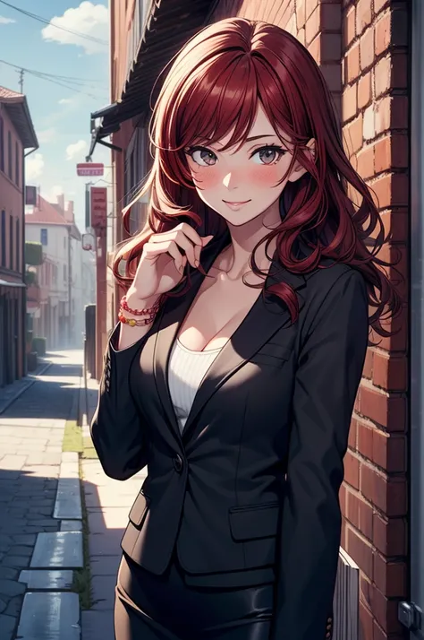 ((masterpiece, best quality:1.3, high detail)), beautiful woman, smile, looking at viewer, long wavy hair, (dark red hair), full-face blush, (black blazer), (long black pencil skirt), bracelets, collarbone, outdoors, (cloudy sky), (lower body), (realistic)...