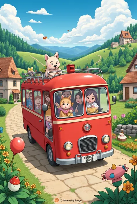 a cheerful naive art-inspired anime illustration, a red bus filled with joyful passengers, animals and village scenery in the background, vibrant and playful composition, highly saturated colors, soft lighting, intricate details, fantasy-like atmosphere --...