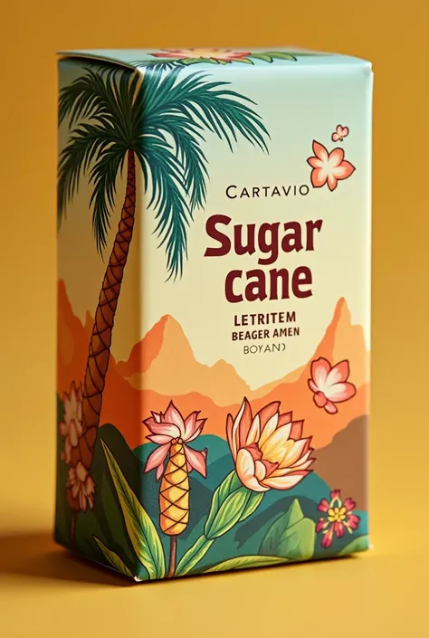 image of a bar soap box that says sugar cane ,  that in its design has a beautiful animated and colorful drawing of sugar cane ,  the box has an attractive color and finally has the current logo 2024 of the company Cartavio rum company