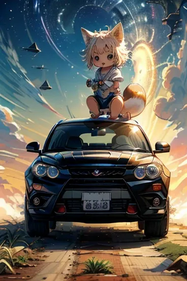 (​masterpiece:1.2),top-quality,​masterpiece,  high definition ,original,A train that transcends time and space ,  空を飛ぶcar， Highly Detailed Wallpaper  ,  Perfect Little  ,( Baby Fox ,Chibi character,cute， Highly Detailed CG :1.2)、((空をかけるcar:1.5)),Near futur...