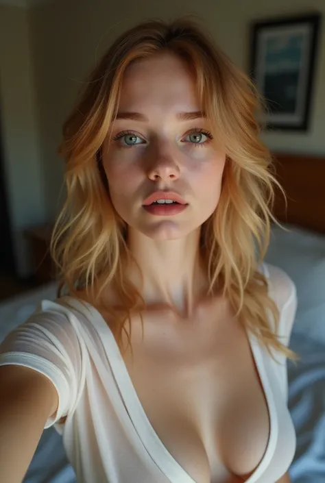  a girl in, age19, Alone, Art aesthetics, Irish, strawberry blonde wavy hair,  shoulder length hair,  gray eyes, light gray eyes, pale skin, a cup,  small breasts, body runners, (textured skin,  skin pores :1.1), shiver, taking a selfie in the bedroom wear...