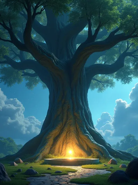 Pixar-style scene of the great tree Yggdrasil, its colossal trunk stretching into the sky and its massive roots reaching deep into the earth. At its base lies the Well of Mimir, glowing softly with an ethereal light, surrounded by a mystical aura. The sett...