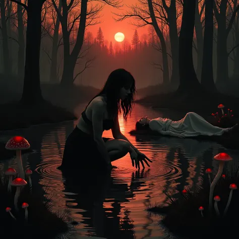 “A dramatic scene in a dark, ominous forested wetland during sunset, focusing on a woman crouching waist-deep in a murky red-black swamp. She is wearing a mini flare skirt with a slit that highlights her legs, sweeping through the water with her hands, cre...