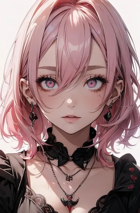 ((masterpiece:1.2)).8k.、  sexy、  Bump in the center 、  Chainsaw Mans Reise  、Beauty、  yandere、、  face close-up 、  Kiss Screaming in Pain   、  chest tattoo  、 Christian Dior Necklace、( white background)、(  waitress  )、((  Pink Hair)).((  look up  )).((  wat...