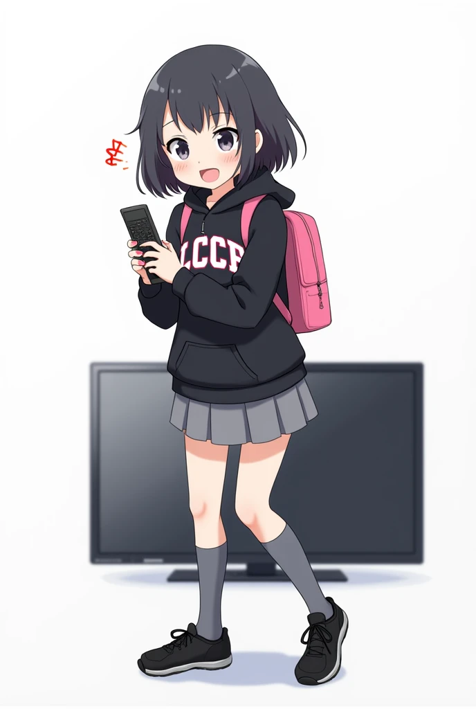 Teenage woman looking forward and with black hair standing in front and her legs and wearing black shoes and knee-high gray socks Y black hooded poleron with letters Athletic style font LCCP on the chest with and with the pink backpack and pink nails gray ...