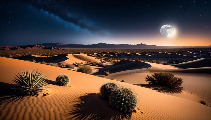  An elevated view of the vast desert under a clear sky ,  starry night sky ,  The round moon shines softly over the sand dunes, and , The stars shine brightly and ,  And the tail of a meteor lights up the sky ,  the desert is serene and magical ,  The risi...