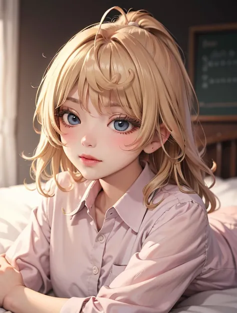 a woman with wavy brownish blonde long hair lying on her bed, soft smile with slight blush, blurry background, amazing lighting, afternoon, face focus, face only, simple pink shirt, brown eyes