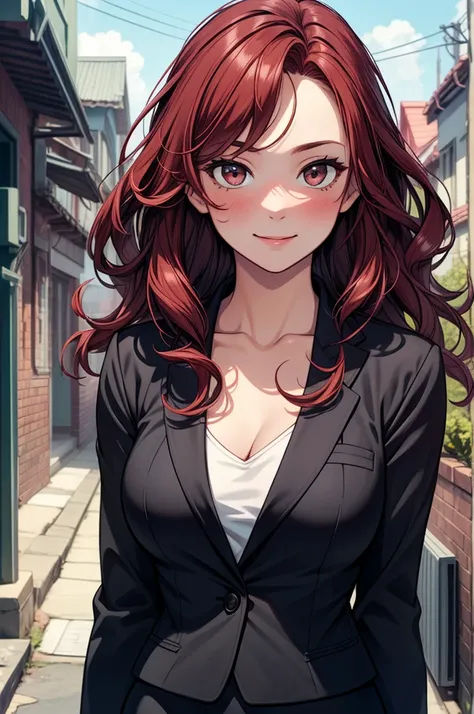 ((masterpiece, best quality:1.3, high detail)), beautiful woman, smile, looking at viewer, long wavy hair, (dark red hair), full-face blush, (black blazer), (long black pencil skirt), bracelets, collarbone, outdoors, (cloudy sky), (lower body), (realistic)...