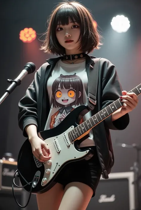 She is wearing a Tee with a large print of her favorite cute black devil girl, ultra-realistic, photorealistic, dramatic scene, shadow, global-illumination, solo, (20 years old Japanese famous idol girl but punk rock guitarist:1.5), very beautiful but cool...