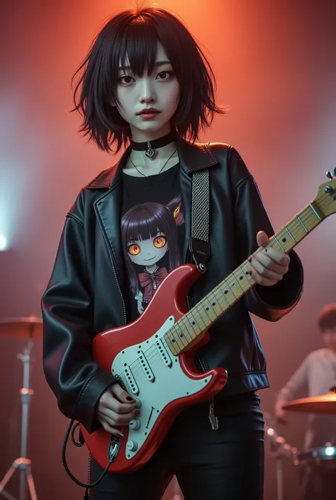 She is wearing a Tee with a large print of her favorite cute black devil girl, ultra-realistic, photorealistic, dramatic scene, shadow, global-illumination, solo, (20 years old Japanese famous idol girl but punk rock guitarist:1.5), very beautiful but cool...