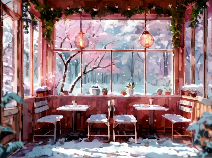 1:2, lots of details , 8k,  without people , cafe,Pink,Blurry , botanical poster , Lots of decorations,There are plants  , cute ,Simple , snowy window in early evening, low-colored ,dawn, early evening ,Blurry ,serene,Achromatic,Static ,calm,  includes man...