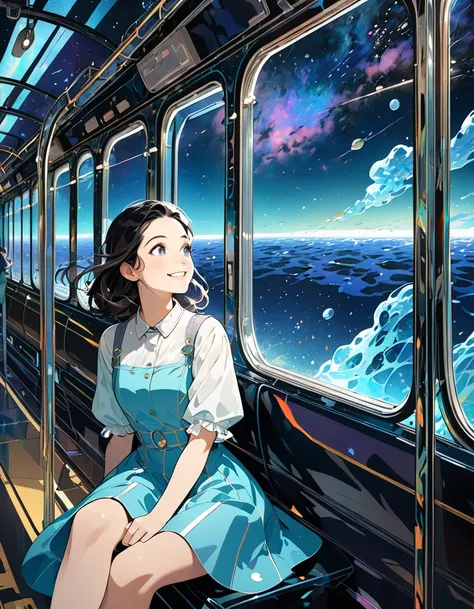 (Outside is galaxy, Outside is deep sea ),Smiling girl looking out of the glass train ,looking away ,Smiling Girl, wear cheek sticks ,crossed leg, wide shot, cowboy shot