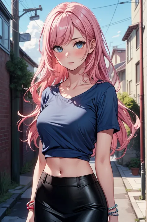 ((masterpiece, best quality:1.3, high detail)), beautiful woman, looking at viewer, long wavy hair, (pink hair), full-face blush, (blue t-shirt), (long black pencil skirt), midriff, navel, bracelets, collarbone, outdoors, (cloudy sky), (lower body), (reali...