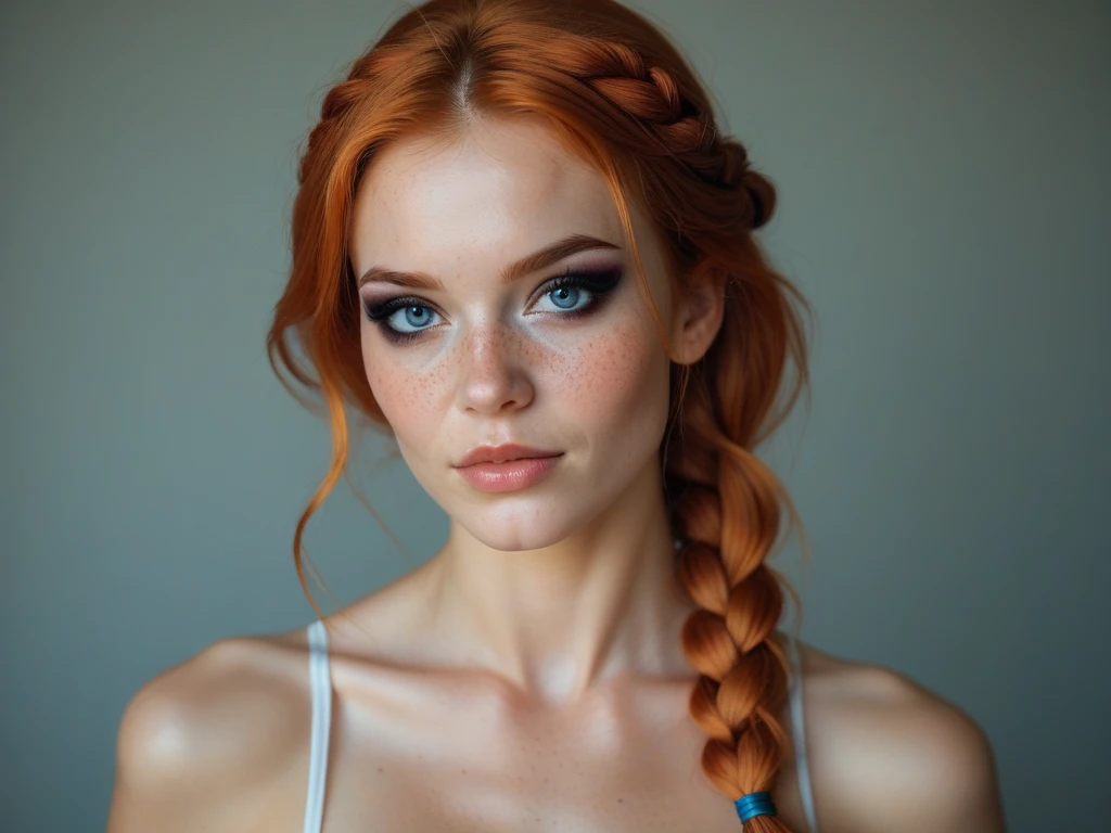 close up shoot, masterpiece,best quality, realistic illustration,halb body , style of porn, cinematic film still portrait of a girl aged 20yo, 1girl, solo,ginger long hair, braided, blue eyes,  freckles, toned body, large sagging bust size DDD, light skin,...