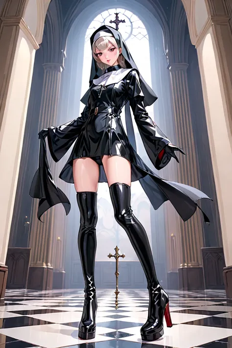 Skinny female nun wearing latex gloves heel boots 