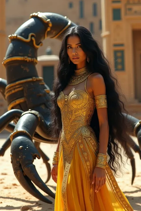 a beautiful woman, with long black hair, wearing a golden Egyptian dress that 
 Resembling the body of a scorpion, she is standing next to a large and impressive black and gold scorpion. The background is a place in ancient Egypt. Clear, detailed image, ph...