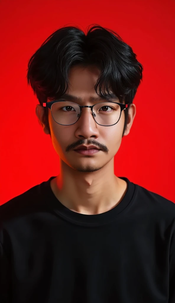 Korean teenage boy wearing black t-shirt with glasses,HD,4k,realistic, Red background