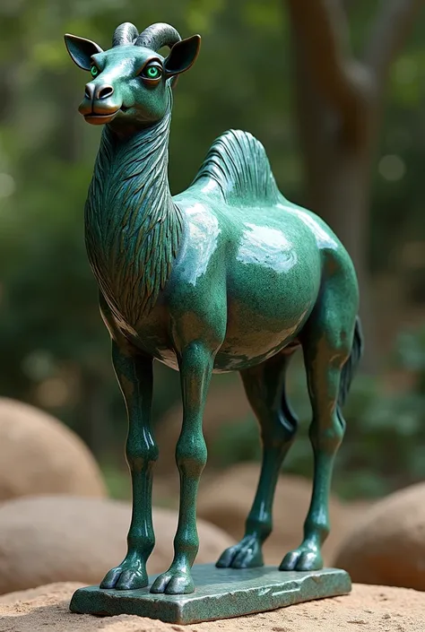 Create an image of the dromedary in bronze and emerald texture, 
sculpture format
Emerald eyes 
with emerald color on the hump and paws
Full body image, no cropping