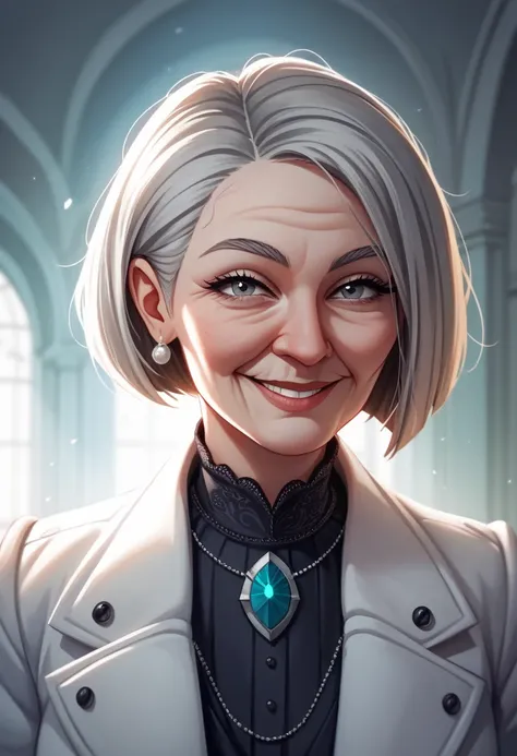 Highest quality　masterpiece　High resolution　masterpiece　Brown Bob　　Grey Eyes　blunt cut labcoat_blackshirtunderneath_, low-key lighting, dark laboratory (looking at viewer front on_blushingsmile_shy), elderly_wrinkles_grayhair, 
