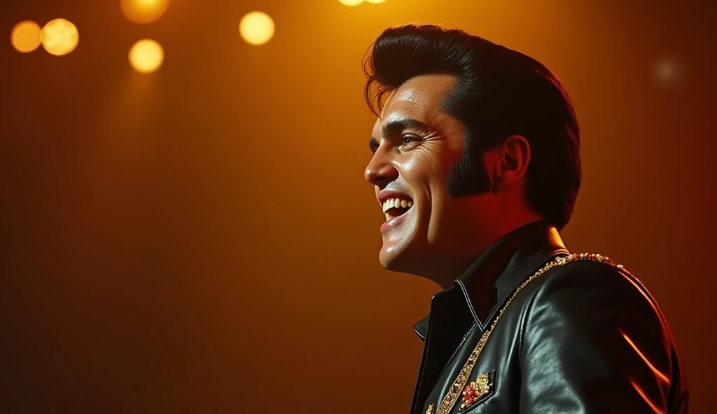  A cinematic close-up of Elvis Presley during the 1968 comeback special, wearing his iconic black leather outfit, singing passionately under dramatic spotlight. The stage glows with warm golden lights and faint reflections of the audience in the background...