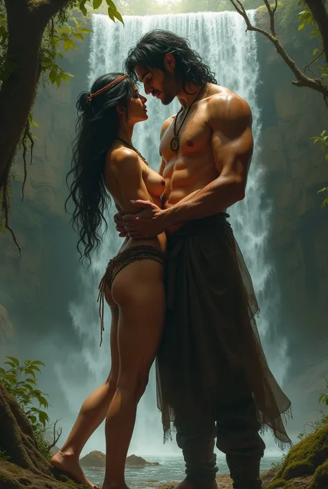  Very beautiful indigenous girl sensual petite little black hair with a tail behind her naked hair makes love and catches her with her legs open on top of her with the monster of mr. Hyde muscular and tall and big naked in a waterfall she is in garter belt...