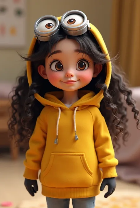 animated girl with long dark curls disguised as a minion sweatshirt