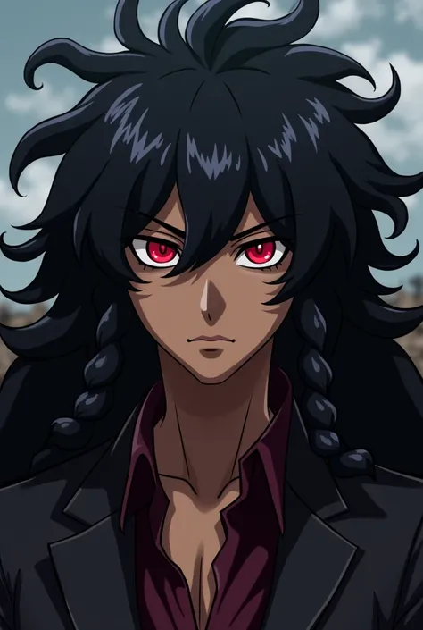 Hello, could you create a male anime character with the Bakugan drawing style with long black hair with a lot of volume and very curly, very curly, very long, even for men?, with brown skin,  red eyes with dark circles under the eyes , and a black leather ...