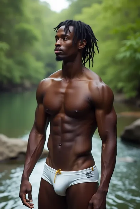 Create an image of a black male with a smooth face and no body hair and short dreadlocks wearing white bikini briefs standing by a River