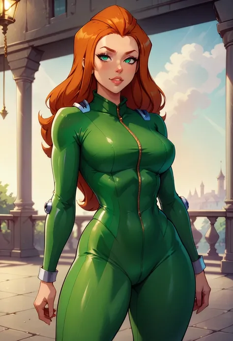 Sam from totally spies ,redhead girl with a busty, curvy figure wearing a skintight green outfit with a zipper that is partially unzipped, revealing her firm, perky breasts, seductive expression, masterpiece, ultra-detailed, vivid colors, dramatic lighting...