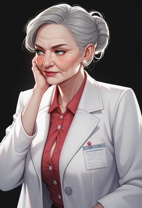 score_9, score_8_up, score_7_up, solo, gray haired woman, black background, elderly, lab coat, professional hairbun, carrie underwood, front view, blushing, looking away, large dark  green eyes
