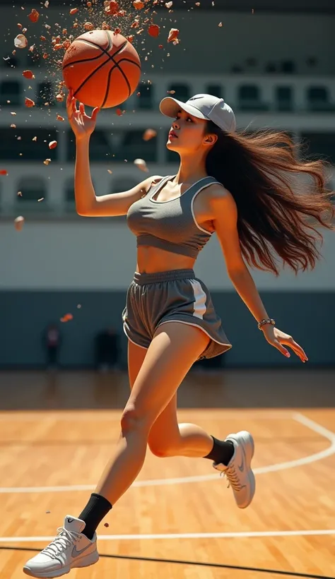  a beautiful korean woman cheeks gemoy her super plump breasts sexy , very long flowing hair wearing a hat "nike"  basebal and the costume of a sexy basketball athlete , she leaps controlling a basketball that explodes into pieces.  A basketball is shown i...