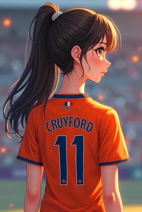 a girl of about 20 years old , brown-backed brown with brown eyes ,  wearing the shirt of the Netherlands national team ,  with the number 11 and bearing the name CRUYFFORD ANIME STYLE