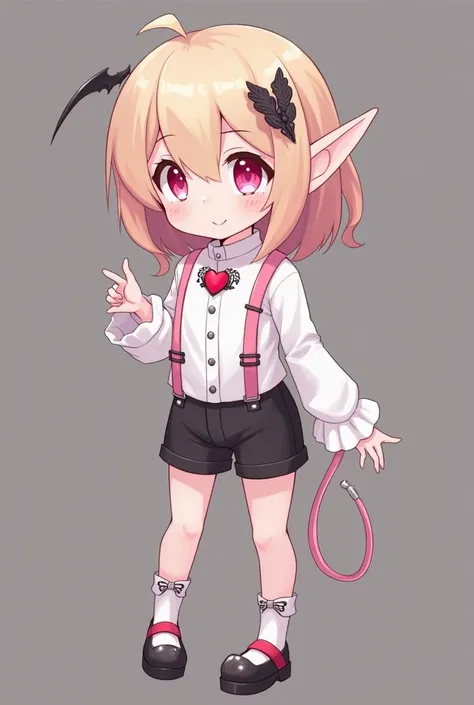  A small vampire with pale skin ,  light caramel-colored hair and pink eyes shooting red ,  this one is dressed in a elegant white shirt which wears a collar with fairly elongated ears ,  she has a heart embroidered on the left side ,  his shorts are black...