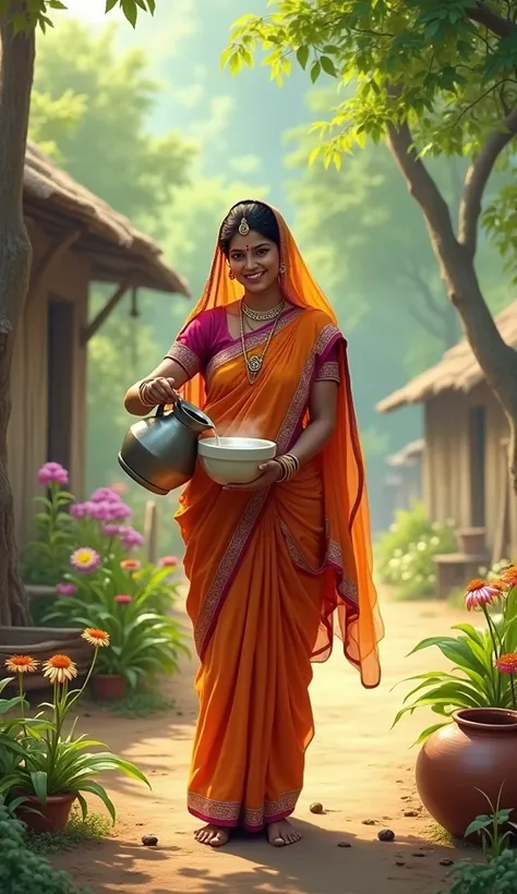 
"A serene village scene featuring a traditional Indian woman pouring milk from a jug into a bowl. She is smiling warmly, wearing a vibrant saree with a pallu covering her head, adorned with simple yet elegant jewelry. The setting captures the essence of r...