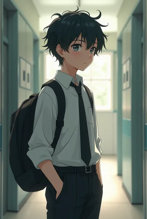 Anime,Age 16,Black hair,Gray eyes,man, wearing a school dress ,Ordinary appearance,very thin body , light brown skin,