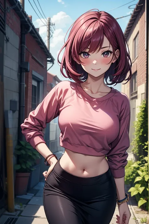 ((masterpiece, best quality:1.3, high detail)), beautiful woman leaning forward, hand on hip, smile, looking at viewer, medium hair, (maroon hair), full-face blush, (white sweatshirt crop top), (long black pencil skirt), midriff, navel, bracelets, collarbo...