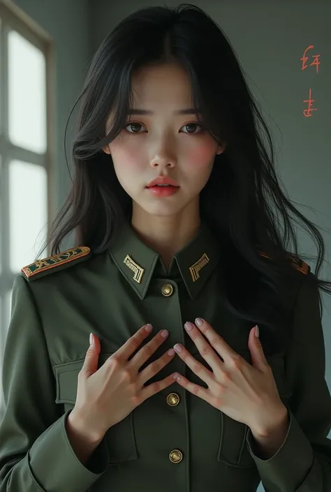 A picture of a beautiful long, straight-haired Korean woman in a Korean military uniform holding her chest and shaking it