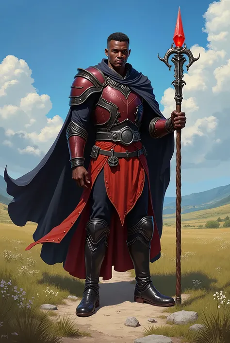 In RPG style, in style of Dungeons & Dragons, in style of fantasy painting. Full body view, looking at the viewer. image of a male mage, holding magical metal staff with a small red crystal on top. Dark skin. short   hair.  Dark red robe armor with   leath...