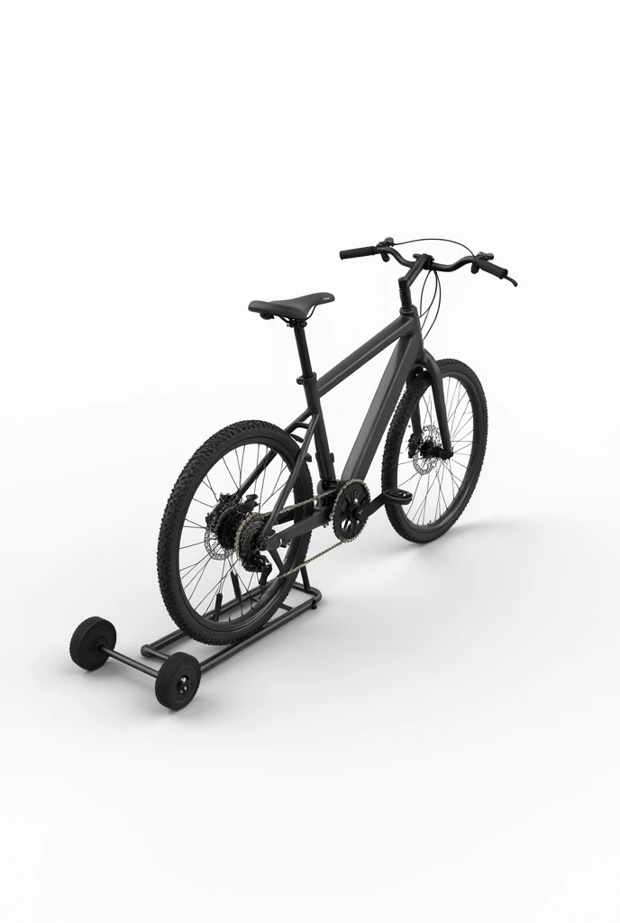 image with white background of a bicycle with a bicycle holder and roller on the rear wheel that is like a triangle