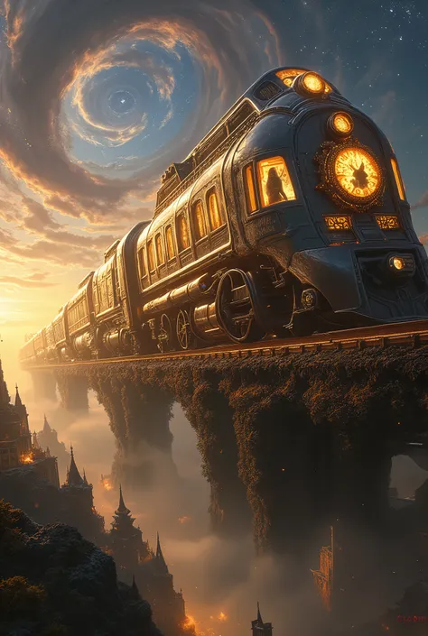 A magnificent time-traveling train speeding through a surreal, fantastical landscape. The train is sleek and metallic, with glowing gears and clockwork mechanisms embedded into its design. Its windows emit a soft golden light, revealing silhouettes of myst...